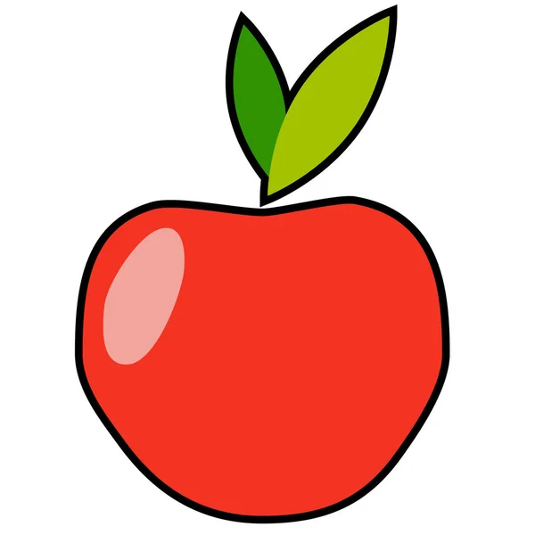 Červené Jablko Listím Jednoduchém Plochém Stylu Černým Obrysem Ikona Vektoru — Stockový vektor