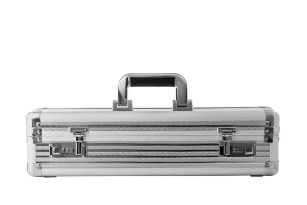 Metallic Suitcase Business Travel White Background — Stock Photo, Image
