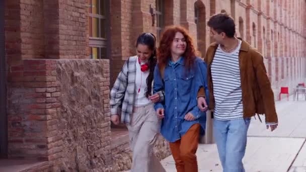 お互いの腕を握っている学生の多種多様なグループは 大学キャンパスを歩きながら 一緒に楽しんでいる若者のコミュニティを笑います — ストック動画