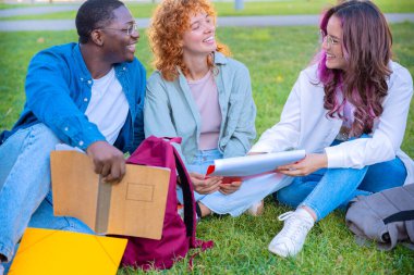 A diverse group of students sits on the grass outdoors, smiling and talking. They hold notebooks and are dressed casually, enjoying a moment of friendship and connection in a peaceful natural setting. clipart