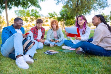 Beş öğrenci çimlerin üzerinde birlikte oturur, gülümserler. Rahatlar ve zamanlarının tadını çıkarırlar, etraflarında çantalar ve kitaplarla, sakin ve parlak bir ortamda..
