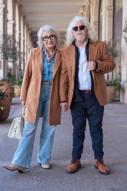 Güneş gözlüğü ve şık ceketler takan gülümseyen yaşlı bir çiftin dikey portresi. Şehir ortamında zarafet, mutluluk ve bağlantı göstererek güvenle dışarı çıkarlar.. 