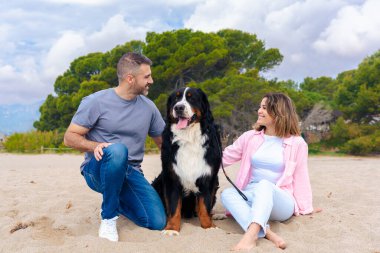 Neşeli çift kumlu bir plajda köpekleriyle vakit geçiriyor. Doğada barışçıl bir anın tadını çıkarırken gülümser ve iletişim kurarlar. Parçalı bulutlu bir gökyüzünün altında kürklü eşleriyle.. 