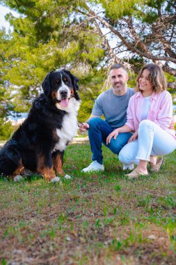 Sahilin yanında büyük köpekleri olan beyaz bir çift, tatilde gülümsüyor ve birlikte poz veriyorlar. Hayvanlarıyla mutlu bir bağ, aşk ve dostluk anı . 