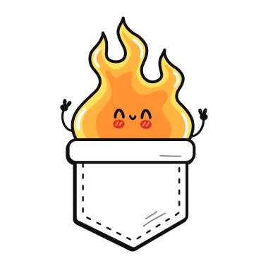 Hoş komik yangın cebi tişörtü baskısı. Vektör karikatür çizgisi tarzı karakter logosu tasarımı. İzole edilmiş beyaz arka plan. Cep tişörtü için komik bir çizgi film izi.