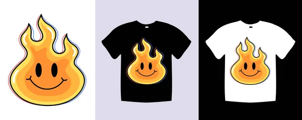 有趣的熔融微笑面对火T恤的设计 模板矢量艺术 时尚服装 笑容满面 黑白相间 — 图库矢量图片