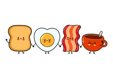 Tatlı, mutlu bir fincan kahve pastırmalı tost ve sahanda yumurta. Vektör el çizimi çizgi film kawaii karakterleri, illüstrasyon simgesi. Komik bir çizgi film fincanı kahve tostu pastırma ve kızarmış yumurta maskot karakter konsepti.