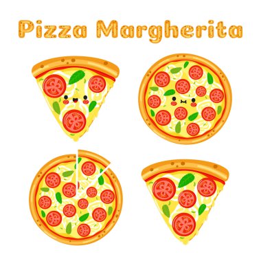 Komik, şirin, mutlu pizza margherita karakterleri seti. Vektör el çizimi karikatür karakter çizim simgesi tasarımı. Şirin pizza margherita maskot koleksiyonu.