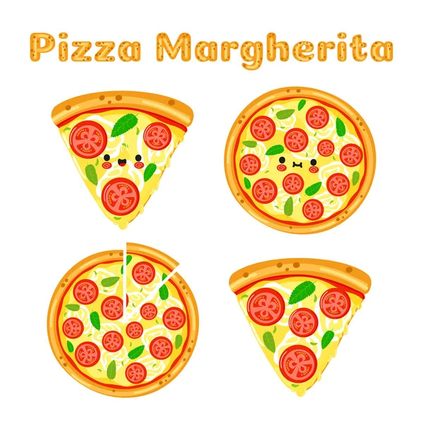 Смешной Милый Счастливый Пицца Маргарита Символов Комплект Векторный Ручной Рисунок — стоковый вектор