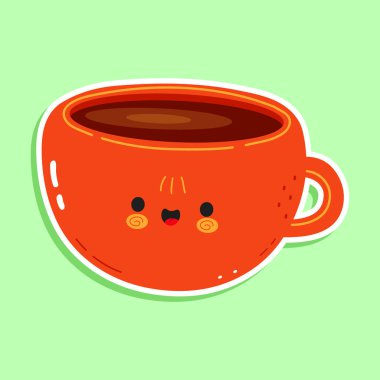 Şirin bir fincan kahve etiketi. Vektör el çizimi çizgi film kawaii karakter çizimi simgesi. Yeşil arka planda izole edilmiş. Kahve fincanı karakter konsepti