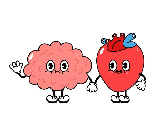Симпатичный Веселый Счастливый Мозг Характер Сердца Векторный Рисунок Руки Персонажей — стоковый вектор