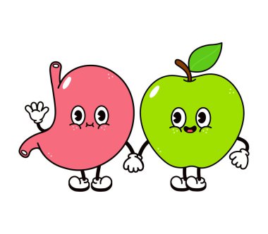 Sevimli, mutlu bir mide ve elma karakteri. Vektör el çizimi çizgi film kawaii karakterleri çizim simgesi. Komik bir mide ve elma arkadaş konsepti.