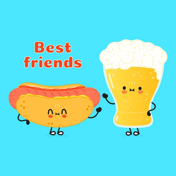 Cute Funny Happy Glass Beer Hot Dog Vector Hand Drawn — 图库矢量图片