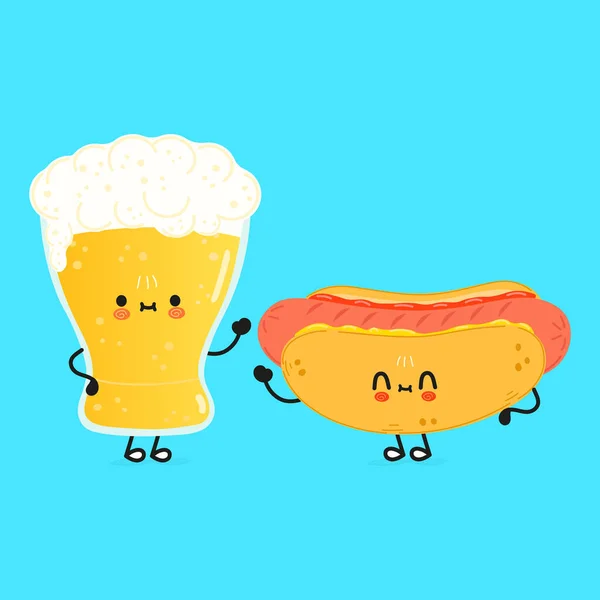 Cute Funny Happy Glass Beer Hot Dog Vector Hand Drawn — стоковый вектор