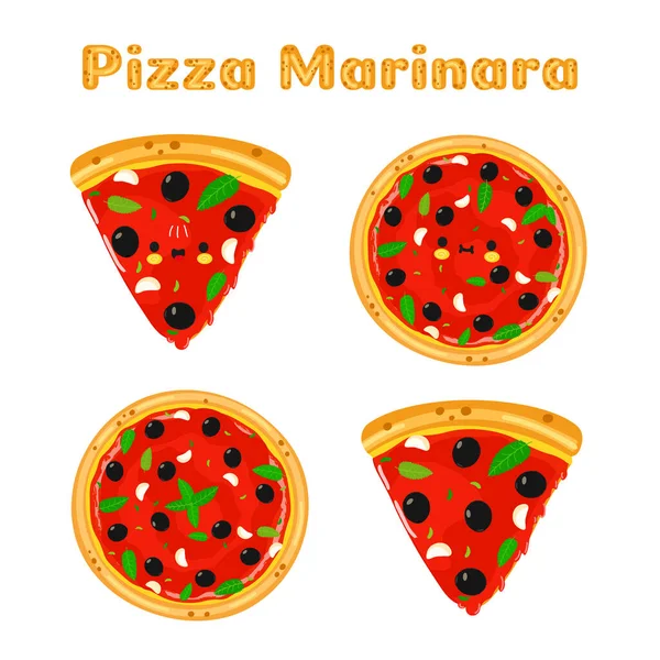 Смешной Милый Счастливый Пицца Маринара Символов Комплект Векторный Ручной Рисунок — стоковый вектор
