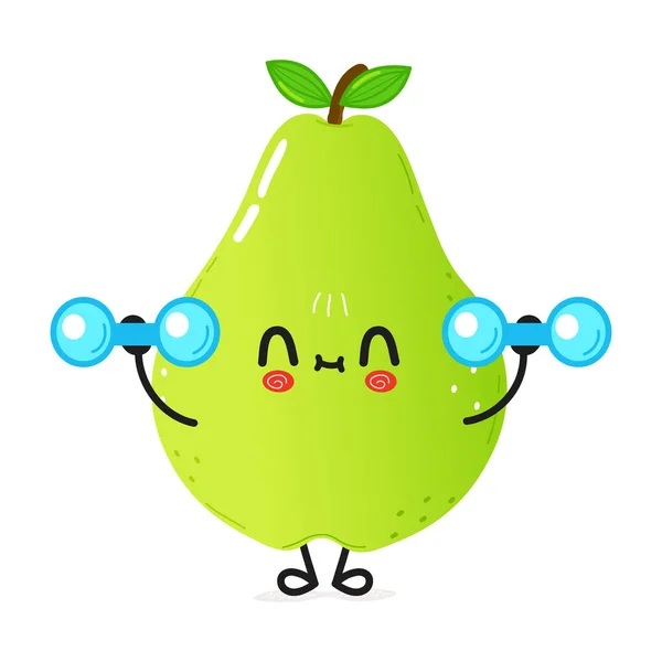 Cute Funny Green Pear Character Dumbbells Vector Hand Drawn Cartoon — Stock Vector