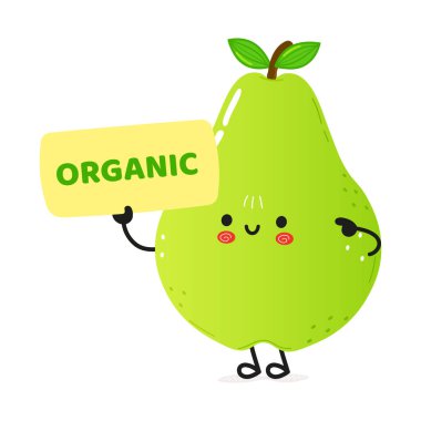 Posterli şirin yeşil armut karakteri. Vektör el çizimi çizgi film kawaii karakter çizimi simgesi. Beyaz arka planda izole edilmiş. Mutlu armut karakter konsepti