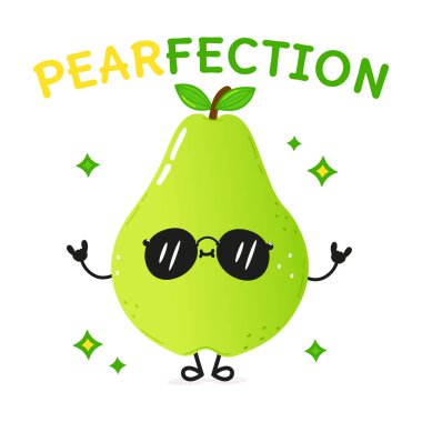 Armut sallayan sevimli bir el karakteri. Vektör el çizimi çizgi film kawaii karakter çizimi simgesi. Beyaz arka planda izole edilmiş. Mutlu armut karakteri inci konsept kartı