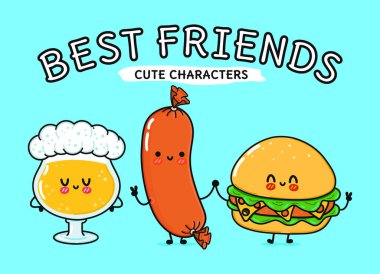 Sevimli, neşeli bir bardak bira, hamburger sosisi. Vektör el çizimi çizgi film kawaii karakterleri çizim simgesi. Komik, mutlu çizgi film, bira, hamburger, sosis, arkadaş konsepti.