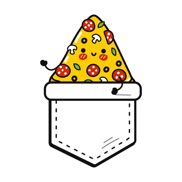 Carino Divertente Pizza Tasca Shirt Print Vector Cartone Animato Doodle — Vettoriale Stock
