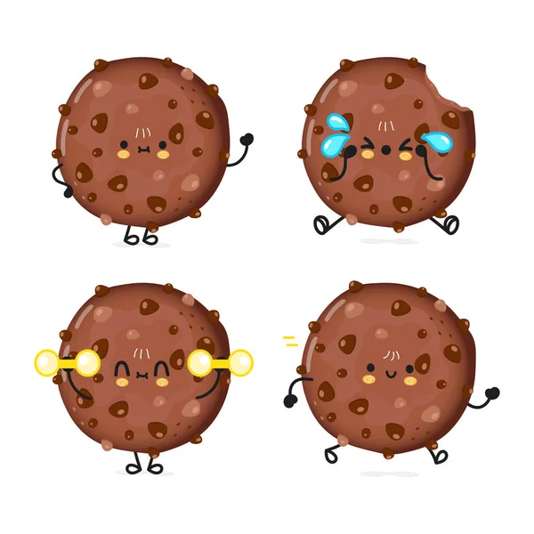 Vicces Aranyos Boldog Csokoládé Cookie Karakterek Csomag Készlet Vektor Kézzel — Stock Vector