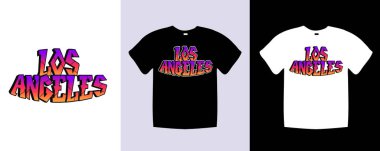 Los Angeles tipografi tişörtü, tırnak işareti tasarımı. Şablon vektör sanat illüstrasyonu, klasik tarzda. Metin grafikli siyah beyaz gömlekli modaya uygun kıyafetler.