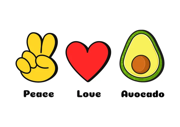 Peace Love Avocado Concept Print Shirt Vector Cartoon Doodle Line — Stock Vector