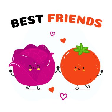 Kırmızı lahana ve domates kartı. Vektör el çizimi karikatür karakter çizim simgesi tasarımı. Mutlu kırmızı lahana ve domates arkadaşları konsept kartı