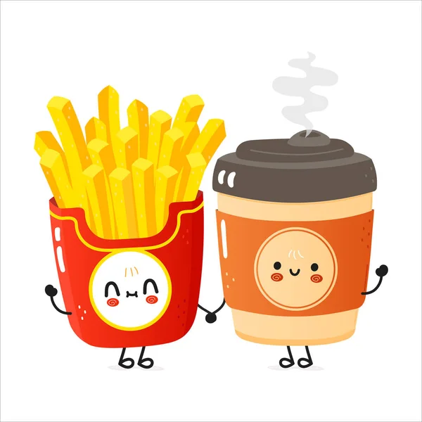 커피와 감자튀김 카드를 귀여워 스타일의 캐릭터 일러스트 아이콘 디자인 커피와 — 스톡 벡터