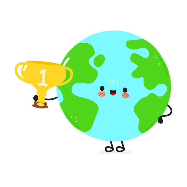 Lindo Planeta Divertido Tierra Celebrar Copa Trofeo Oro Vector Dibujado — Vector de stock