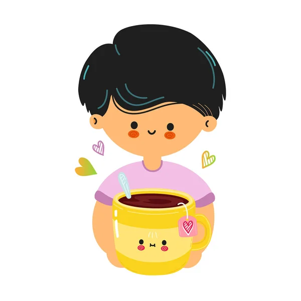 Νεαρό Χαριτωμένο Αστείο Αγόρι Κρατήσει Κίτρινο Φλιτζάνι Τσάι Στο Χέρι — Διανυσματικό Αρχείο