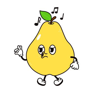 Sevimli sarı armut yürüyüşü karakteri. Vektör el geleneksel çizgi film klasiği, retro, kawaii karakter çizimi ikonu çizdi. İzole edilmiş beyaz arka plan. Mutlu sarı armut yürüyüşü şarkı söyleyen karakter