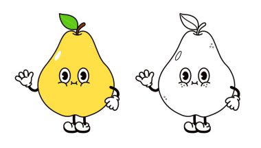 El sallayan komik armut çizimi çizgi film çizimi boyama kitabı için. Vektör karabiber eli geleneksel çizgi film klasiği, retro, ikon çizdi. Mutlu armut karakter konsepti