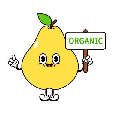 Posterli komik armut karakteri. Vektör el çizimi çizgi film kawaii karakter çizimi simgesi. Beyaz arka planda izole edilmiş. Mutlu armut karakter konsepti