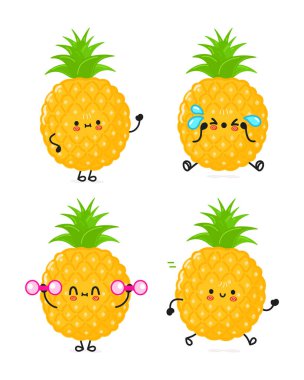 Komik, sevimli, mutlu ananas karakterleri seti. Vektör el çizimi karikatür karakter çizim simgesi tasarımı. İzole edilmiş beyaz arka plan Sevimli ananas maskotu koleksiyonu