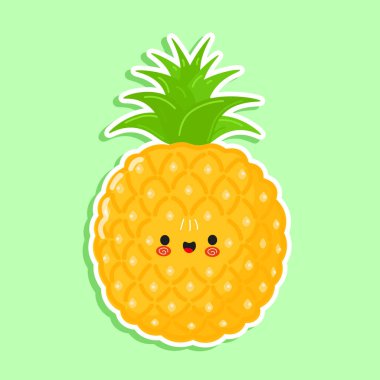 Sevimli komik ananas çıkartması karakteri. Vektör el çizimi çizgi film kawaii karakter çizimi simgesi. Beyaz arka planda izole edilmiş. Mutlu ananas karakteri konsepti