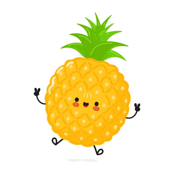 Cute Funny Pineapple Jump Character Vector Hand Drawn Cartoon Kawaii — Stock Vector
