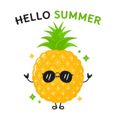 Sevimli komik ananas karakteri. Vektör el çizimi çizgi film kawaii karakter çizimi simgesi. Beyaz arka planda izole edilmiş. Mutlu ananas karakteri konsepti