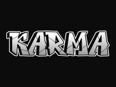 Karma kelimesi psikedelik graffiti tarzı harfler. Vektör el karalama çizimi karikatür logo karması çizimi. Tişört posteri için graffiti tarzı komik mektuplar.