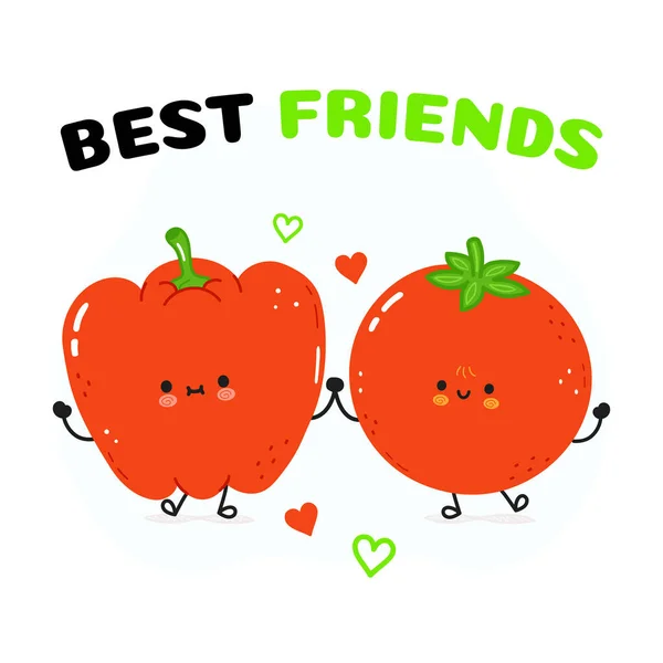 可爱的红辣椒和西红柿卡 矢量手绘涂鸦风格卡通人物图标设计 快乐可爱的红辣椒和西红柿朋友概念卡 — 图库矢量图片