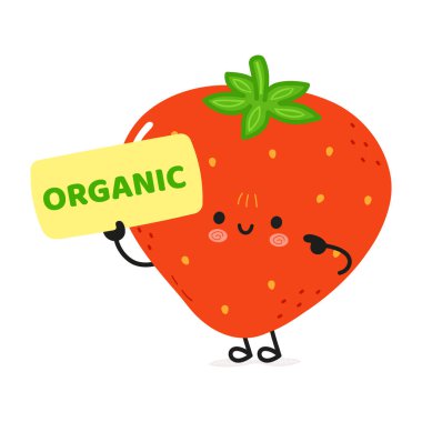 Çilekli poster karakteri. Vektör el çizimi çizgi film Kawaii karakteri çizimi. İzole edilmiş beyaz arka plan. Çilek ve poster