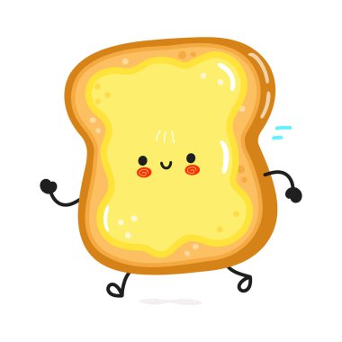 Dilimlenmiş tost ekmeği ve tereyağı çok komik. Vektör el çizimi çizgi film kawaii karakter çizimi simgesi. Beyaz arka planda izole edilmiş. Mutlu ekmek ve tereyağı kavramını çalıştır