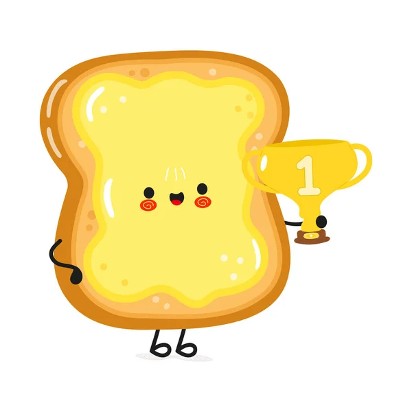 Cute Funny Sliced Toast Bread Butter Hold Gold Trophy Cup — Stock Vector