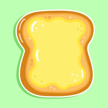 Tatlı, komik, dilimlenmiş ekmek ve tereyağı etiketi karakteri. Vektör el çizimi çizgi film kawaii karakter çizimi simgesi. Beyaz arka planda izole edilmiş. Mutlu ekmek ve tereyağı karakteri kavramı