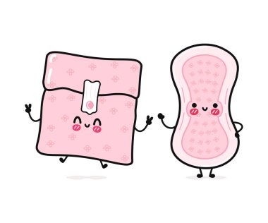 Cute, funny happy pink menstrual pad. Vector hand drawn cartoon kawaii characters, illustration icon. Funny happy cartoon pink menstrual pad mascot friends