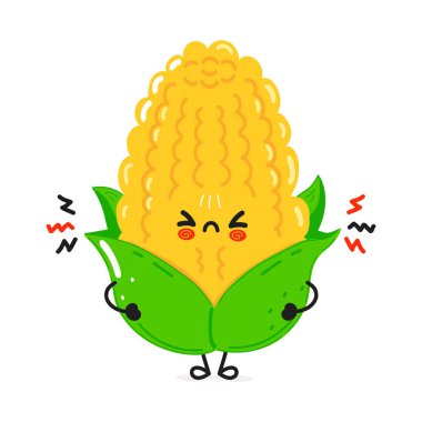 Cute sad corn character. Vector hand drawn cartoon kawaii character illustration icon. Isolated on white background. Angry sad cute corn