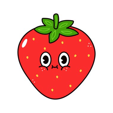 Sevimli komik Çilek karakteri. Vektör el, geleneksel çizgi film klasiği, retro kawaii karakter resimleme simgesi çizdi. İzole edilmiş beyaz arka plan. Çilek karakteri kavramı