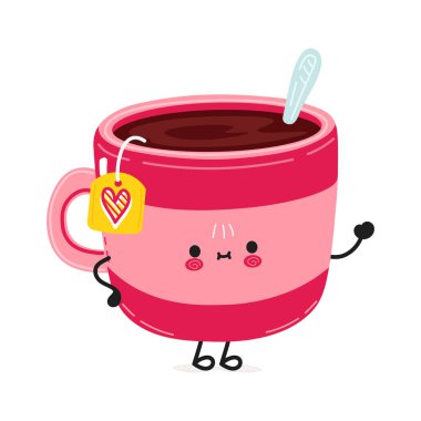 Cute funny pink cup of tea waving hand character. Vector hand drawn cartoon kawaii character illustration icon. Isolated on white background. Happy pink cup of tea character concept