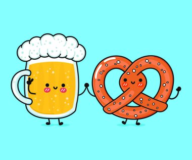 Cute, funny happy glass of beer and pretzel
