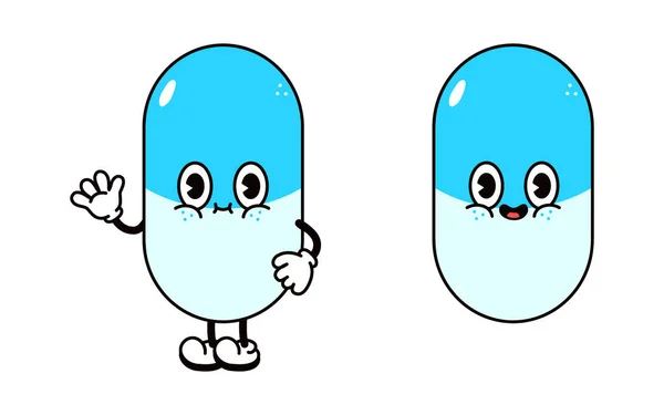Cute Funny Pill Waving Hand Character Vector Hand Drawn Traditional — Stockvector